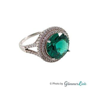 Green Faceted Round Pave Double Halo CZ Sterling Silver Ring Sz 8